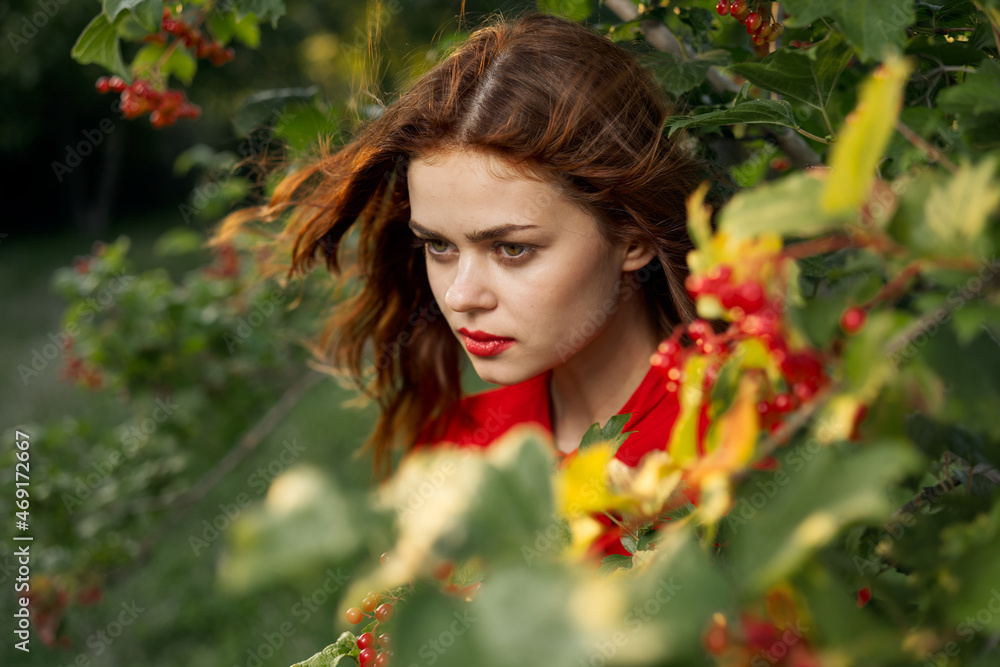 beautiful woman bush with berries nature fresh air beautiful woman bush with berries nature fresh air