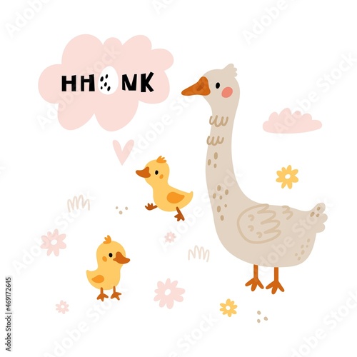 Animal talks. Cute goose with goslings. Parent and children. Funny domestic birds sounds. Farm characters communications. Poultry onomatopoeia. Creatures noise. Vector doodle concept