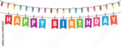 colorful fairy lights and happy birthday party flag greeting card
