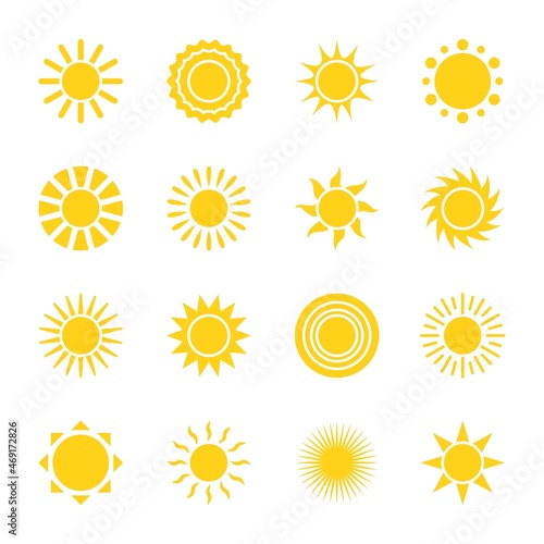 Sun icons. Simple solar labels, different shapes sunburst, decorative weather elements, yellow sunshine signs, rays forms variations, summer season symbol. Vector isolated set