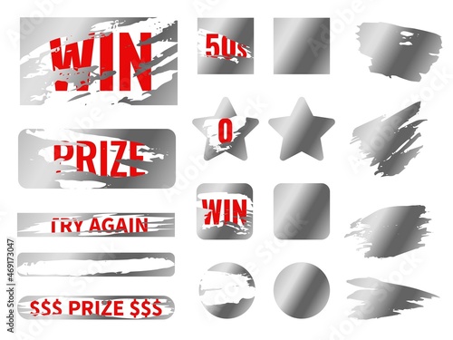 Lottery silver scratch cards. Erasing metallic protective layer. Gambling ticket. Scraping textures effect. Instant win coupon. Glossy smear mockup. Vector promotional stickers set