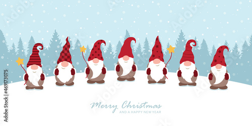 christmas greeting card with cute christmas dwarf and snowy landscape