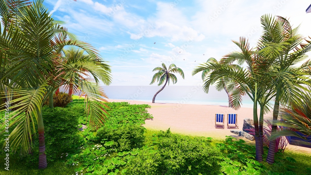 8K Ultra Hd. Beautiful blue sky tropical beach with palm tree and  turquoise beach for travel and vacation in holiday relax time, 3d rendering.