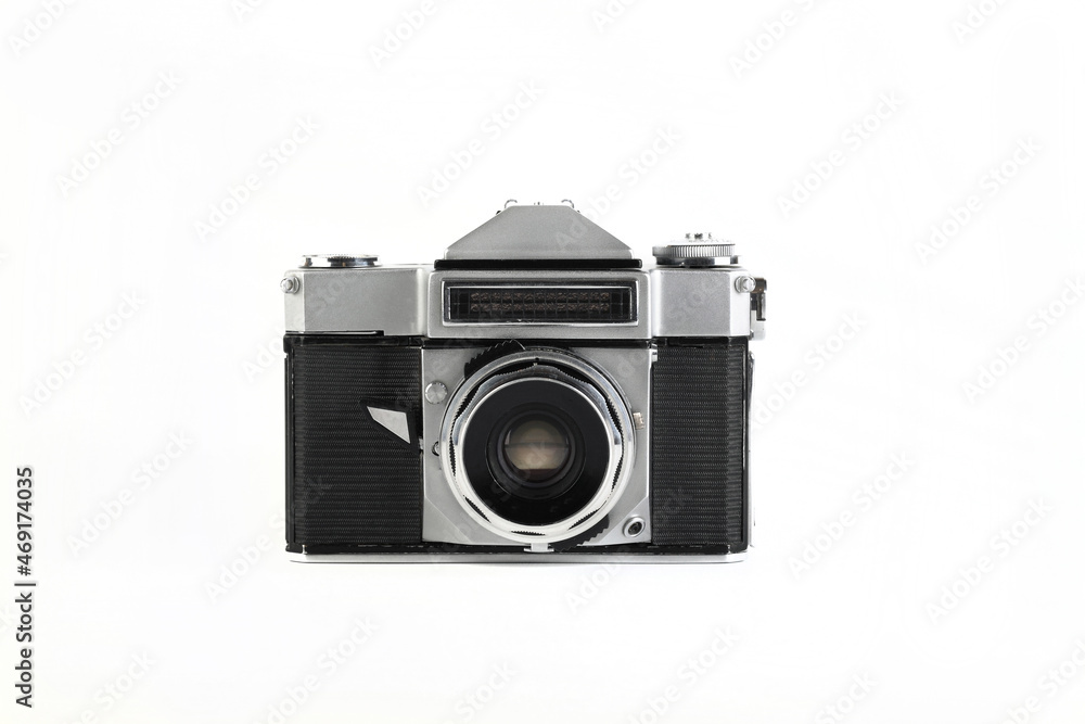 MOSCOW, RUSSIA, NOVEMBER 14, 2021. Very rare old Soviet 35 mm SLR camera Zenit-4, released 1967 on white background.