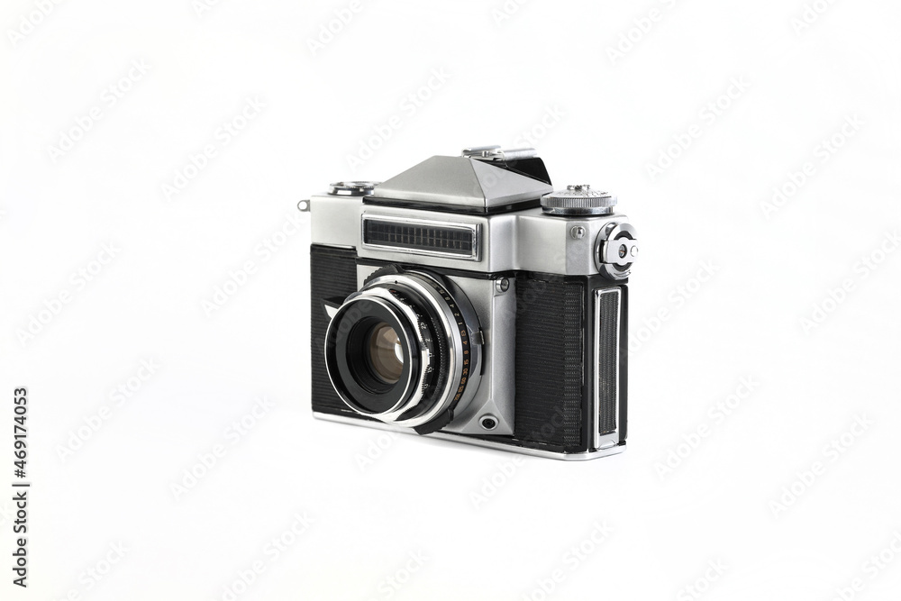 MOSCOW, RUSSIA, NOVEMBER 14, 2021. Very rare old Soviet 35 mm SLR camera Zenit-4, released 1967 on white background.