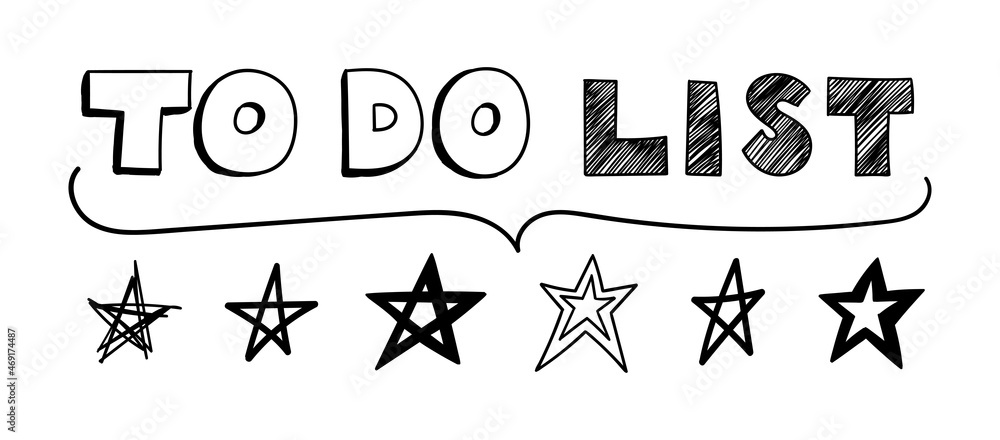 Doodle to do list with asterisks and parentheses. Hand-drawn pencil. Vector illustration. Scribble to do list text with hatching lines. Hand-drawn stars, letters and words.