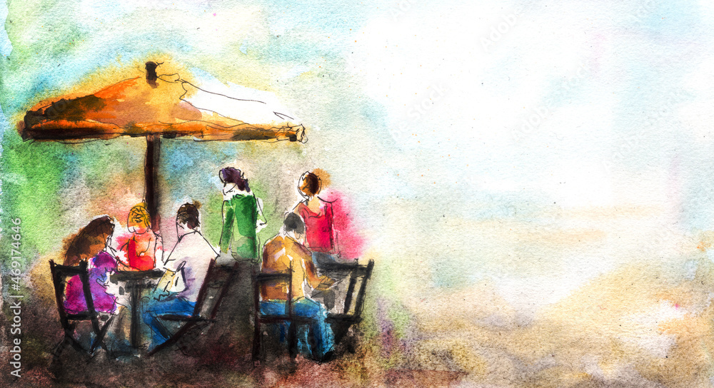 people in the cafe or restaurant, hand painted watercolor painting people in the cafe or restaurant, hand painted watercolor painting