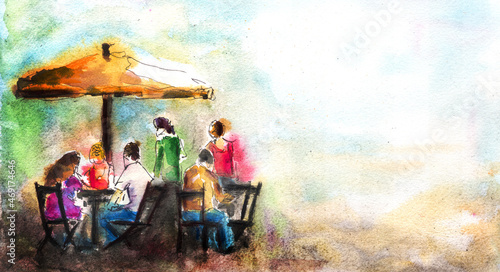 people in the cafe or restaurant, hand painted watercolor painting © KVgrafik