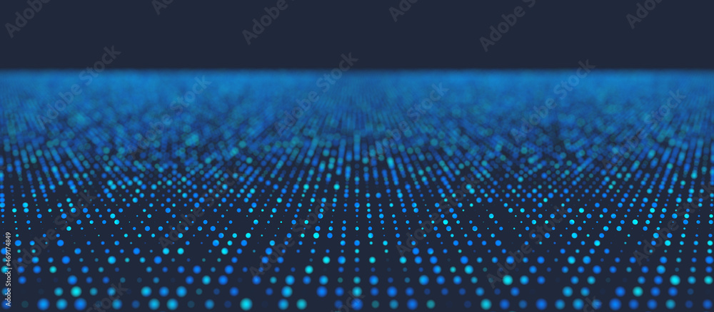 3d illustration - Abstract technological background of a defocused blue light dots surface on a dark blue background.