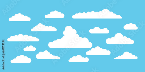 Clouds silhouette vector icon set isolated on blue heaven background. White clouds collection for sky weather scene and backgrounds. Flat design clip art vector illustration.