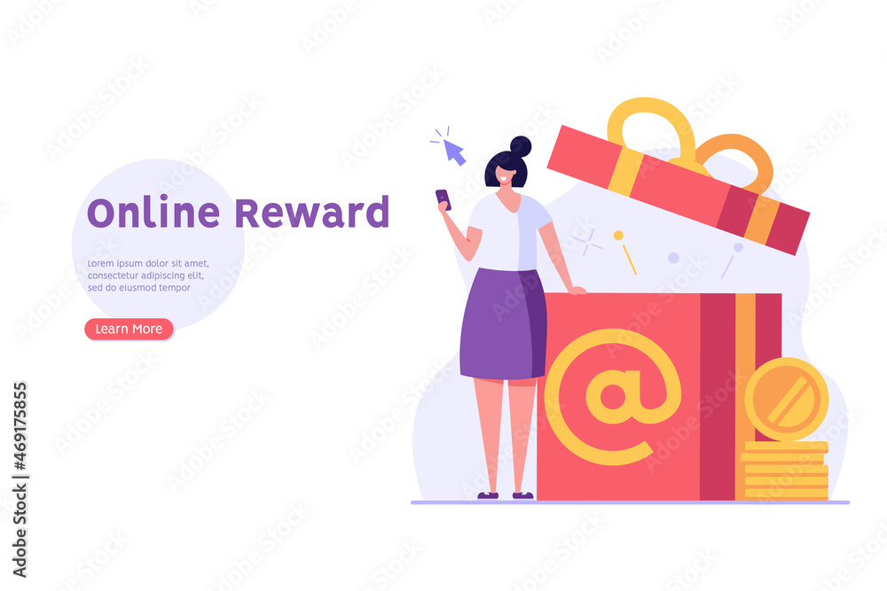 Woman stands with a smartphone and sends or receives an online gift. Concept of online gift, reward program, online gift purchase. Vector illustration in flat design for web banner, ui.