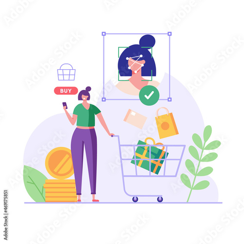 Woman with cart using technology face recognition for payment. Client shopping with biometric. Concept of face payment, facial recognition, customer identification. Vector illustration in flat design