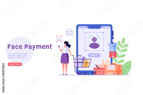 Woman using technology face recognition for payment. Client shopping online with biometric. Concept of face payment, facial recognition, customer identification. Vector illustration in flat design