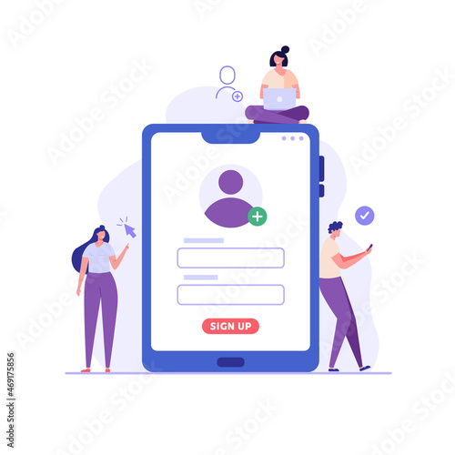 People creating new account with login and secure password. Registration interface. Users register online. Concept of online registration, sign in, sign up. Vector illustration in flat for app, UI