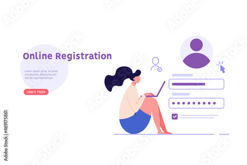Woman creating new account with login and secure password. Registration user interface. Users register online. Concept of online registration, sign in, sign up. Vector illustration in flat for app, UI