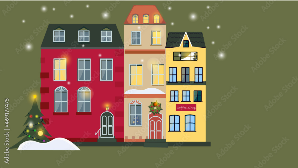 Flat illustration of the Christmas town! Atmospheric postcard for modern design!