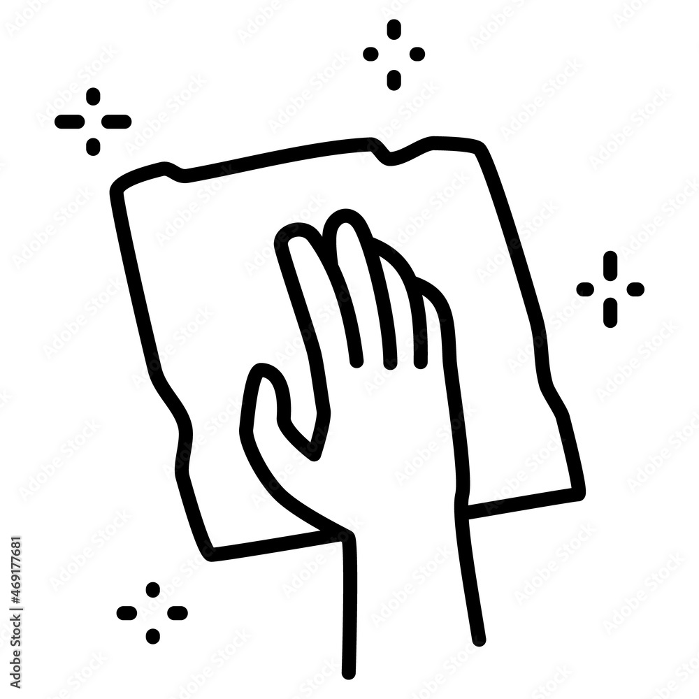Wiping the surface to shine. Housework - cleaning and washing walls, furniture, glass. A hand with a napkin. Cleanliness service. Vector icon, outline, isolated.