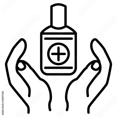 Protection of health with an antibacterial agent. Hands and a bottle of antiseptic. Pharmacy, disinfection, hygiene, sanitation. Vector icon, outline, isolated.
