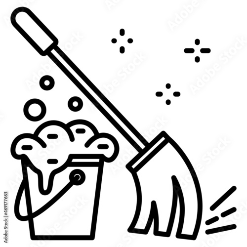 Cleaning and cleanliness service. The cleaner's tools are a bucket with foam, a broom, a broom. Removal of dust, dirt. Housework. Sanitation, disinfection. Vector icon, outline, isolated.