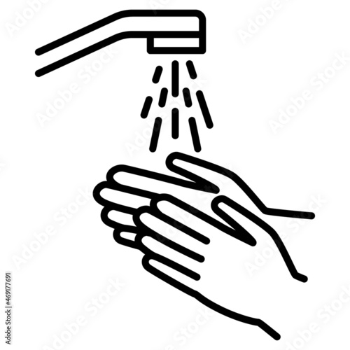 Washing hands under the tap with water. Hygiene, cleanliness, bathroom, place for washing. Vector icon, outline, isolated.