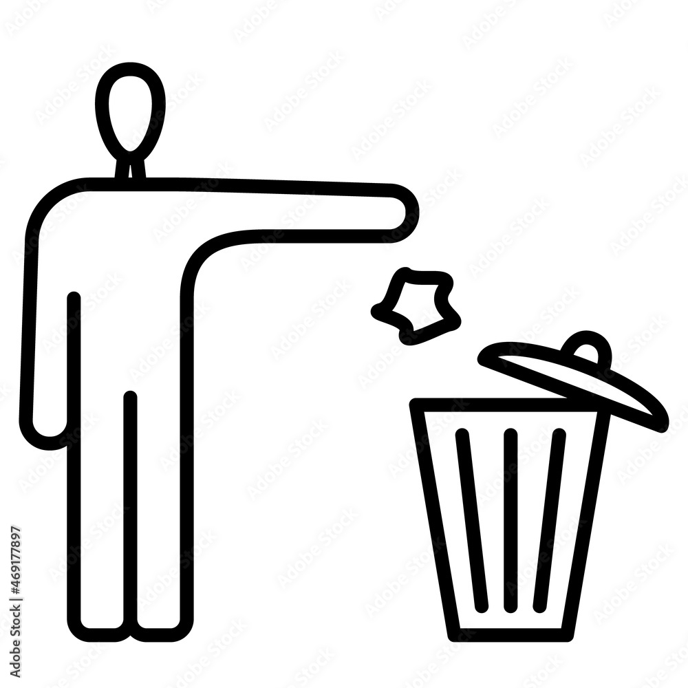 A person throws garbage into a basket. Garbage collection rules. Don't litter! Vector icon, outline, isolated. A person throws garbage into a basket. Garbage collection rules. Don't litter! Vector icon, outline, isolated.