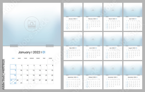 Calendar template for 2022, minimalist day planner, week starts on sunday