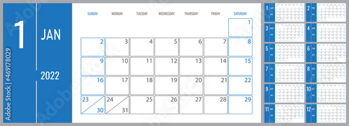 Calendar 2022 sunday week start corporate planner template in blue