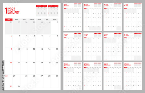 Vector illustration of planner calendar template for 2022, Sunday week start