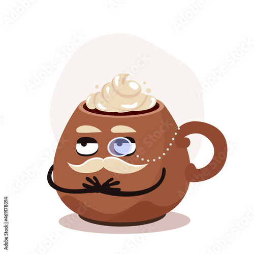 Vector big brown cup with christmas drink. Chocolate with whipped cream. Cartoon character with a mstache and monocle. Old gentleman.