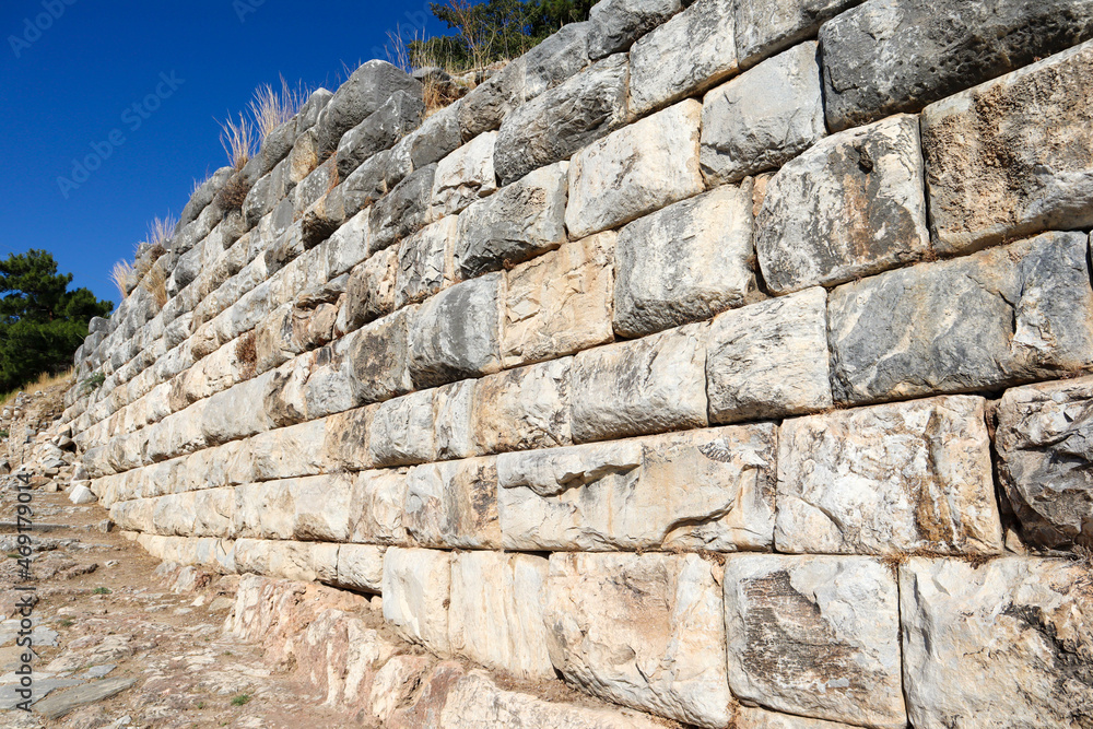 ancient walls of archaeological site Priene in Turkey