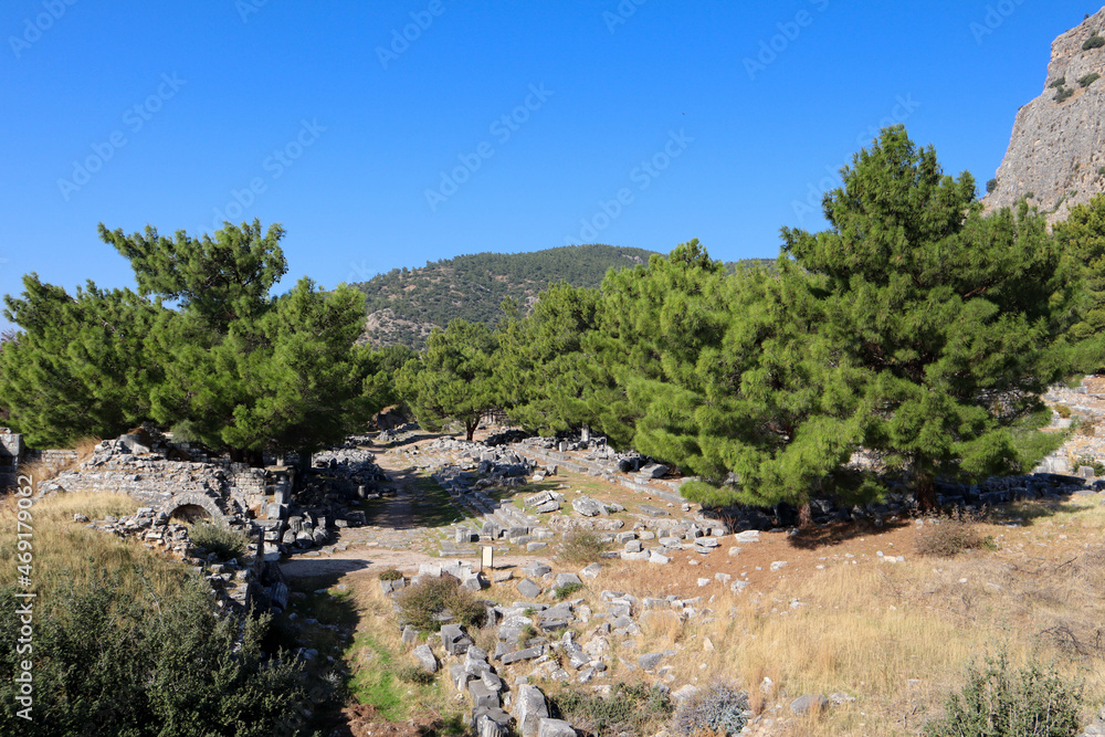beautiful landscape with the ruins of ancient greek city Priene in Turkey on the slopes of Mycale mountain