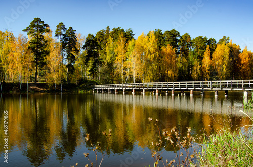 Autumn bank and bridge over the river