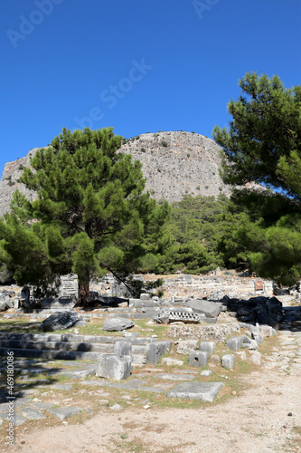 landscape with the ruins of agora in ancient city Priene with mountain Mycale on the background photo