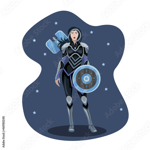 woman in full length with battle ax and shield among the stars
