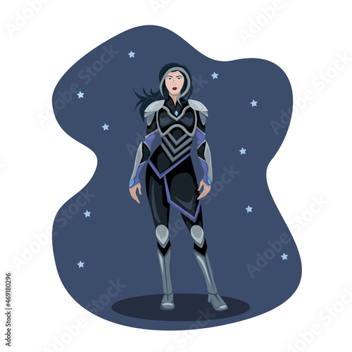 woman in full length armor among the stars