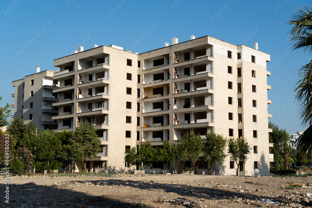 Empty and damaged building ready for deconstruction after earthquake in Izmir at October 30 2020