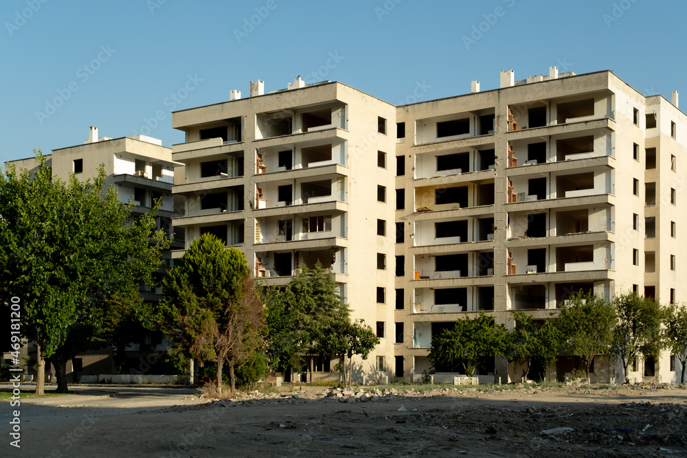 Empty and damaged building ready for deconstruction after earthquake in Izmir at October 30 2020
