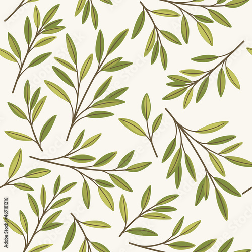 Green branches with leaves. Trendy pattern with twig. Vector contour illustration.