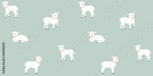 Cartoon lamb - seamless trendy pattern with animal in various poses. Contour vector illustration for prints, clothing, packaging and postcards.