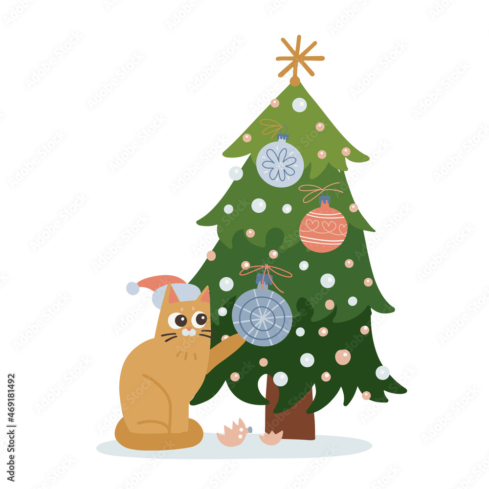 Naklejka premium Cute naughty kitten playing with blue christmas ball hanging on the xmas tree. Isolated vector flat hand drawn illustration