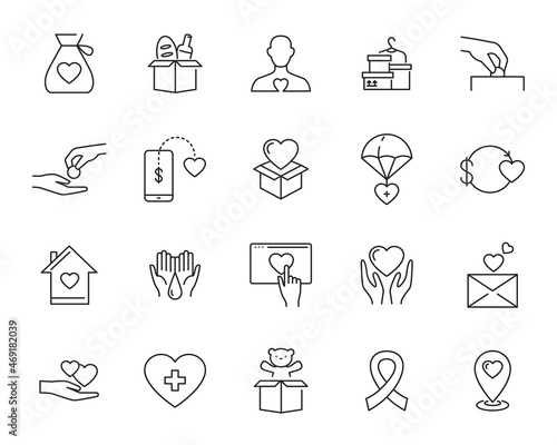 Charitable help and donations. Linear Icons on the theme of charity. Volunteering and helping the poor and sick.