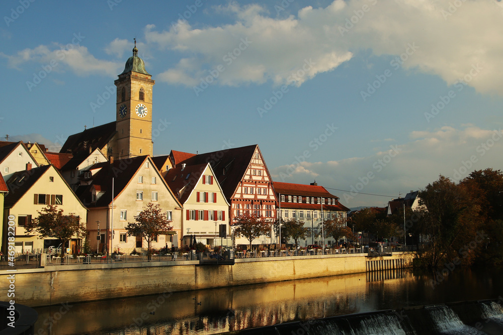 The view of the Neckar river embankment in Nuertingen, Germany The view of the Neckar river embankment in Nuertingen, Germany