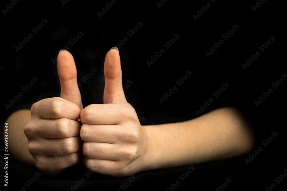 Big deal hand gesture concept. Thumb up close-up. Business background with copy space