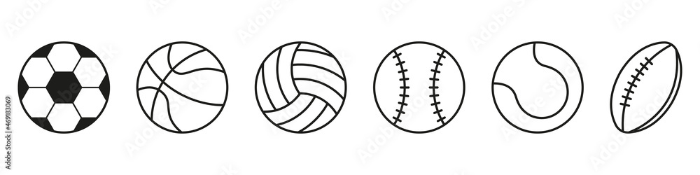 Set of Sport Game Balls Line Icon. Collection of Balls for Basketball, Baseball, Tennis, Rugby, Soccer, Volleyball Pictogram. Editable Stroke. Isolated Vector Illustration