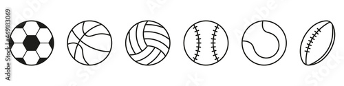 Set of Sport Game Balls Line Icon. Collection of Balls for Basketball, Baseball, Tennis, Rugby, Soccer, Volleyball Pictogram. Editable Stroke. Isolated Vector Illustration