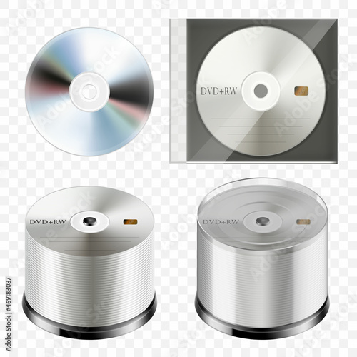Stack of CDs on a white background. Pile of CDs, compact disc tower, many DVDs, heap of digital versatile discs. Vector 3d realistic Illustration