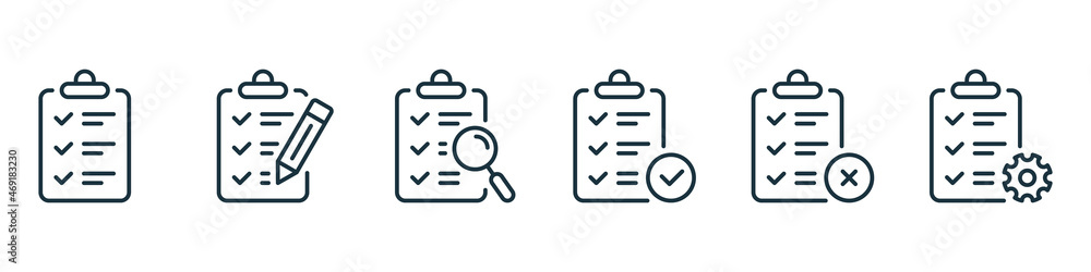 Checklist on Board with Pencil, Gear, Magnifier Line Icons. Set of Clipboard for Note Outline Icon. Business Schedule, Check List on Clip Board. Editable Stroke. Isolated Vector Illustration Checklist on Board with Pencil, Gear, Magnifier Line Icons. Set of Clipboard for Note Outline Icon. Business Schedule, Check List on Clip Board. Editable Stroke. Isolated Vector Illustration