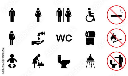 Set of WC Icon. No smoking Sign. Restroom, Bathroom Icon. Toilet Room Silhouette Pictogram. Mother and Baby Room. Public Washroom for Male, Female, Transgender, Disabled. Vector Illustration