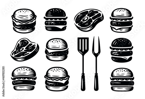 Burger and steak set. BBQ, grill food concept vector illustration