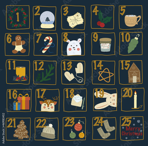 Advent calendar for Christmas. Christmas advent calendar. Christmas calendar in vector. Calendar for the month with Christmas paraphernalia. Сartoon bear, bunny and deer. Hand drawn style.
